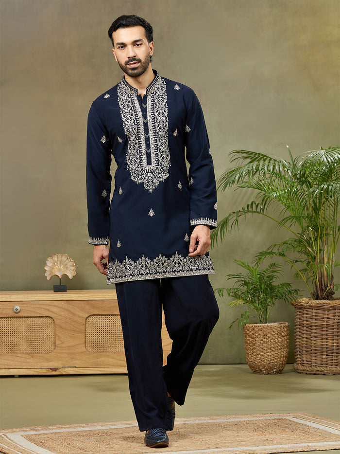 Navy Silk Embroidered Kurta with Plazzo Pant - KORANM