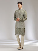 Dark Grey Tussar Silk Embroidered Bandi Kurta Set