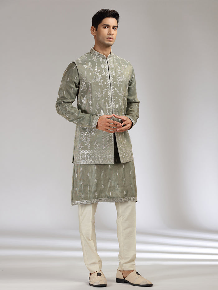 Dark Grey Tissue Silk Embroidered Bandi Kurta Set