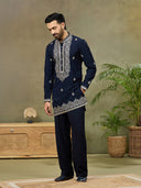 Navy Silk Embroidered Kurta with Plazzo Pant - KORANM