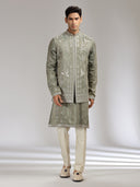 Dark Grey Tussar Silk Embroidered Bandi Kurta Set