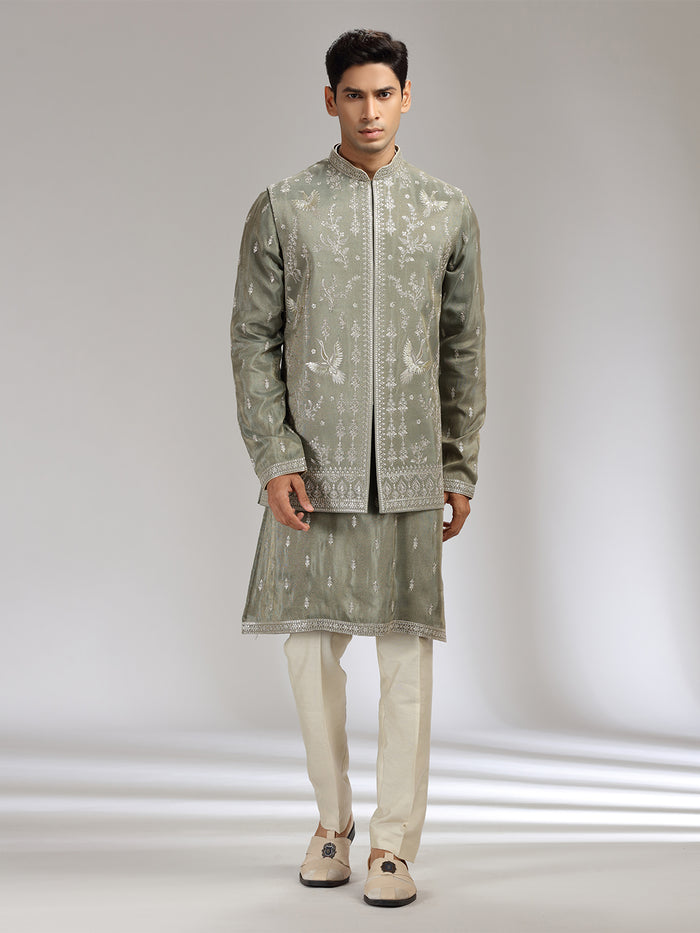 Dark Grey Tissue Silk Embroidered Bandi Kurta Set