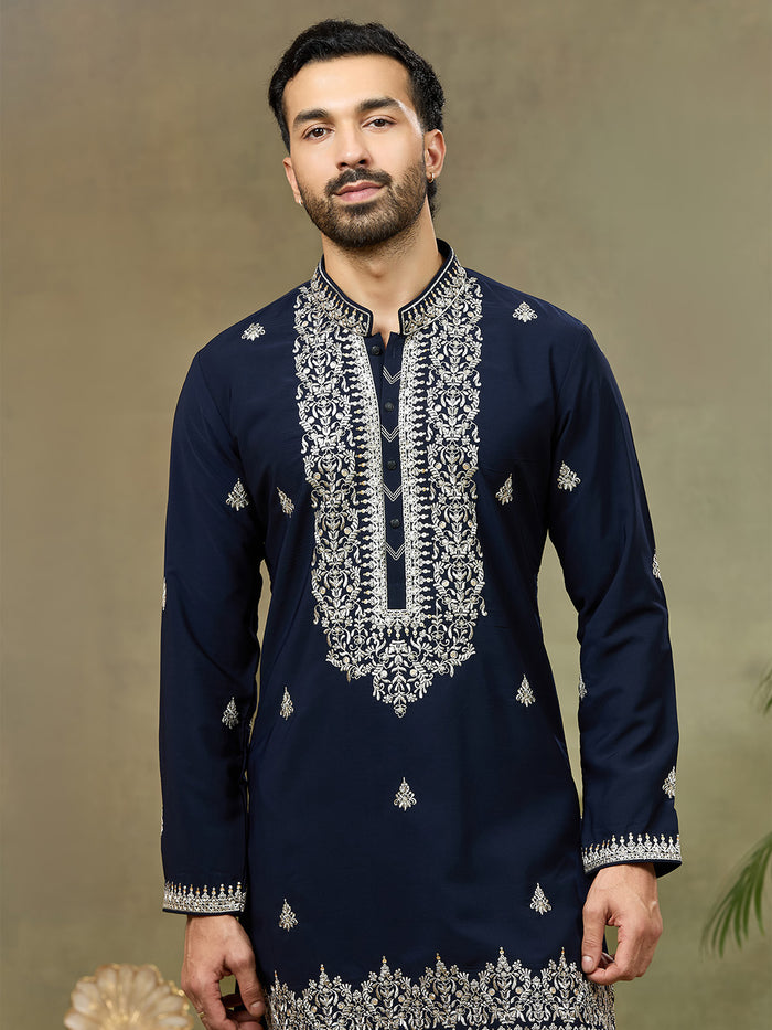 Navy Silk Embroidered Kurta with Plazzo Pant - KORANM