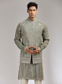 Dark Grey Tussar Silk Embroidered Bandi Kurta Set