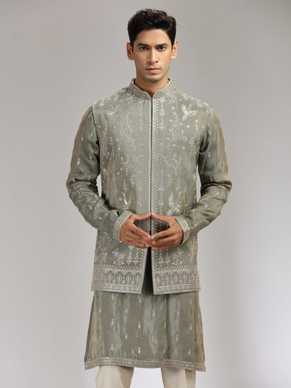 Dark Grey Tissue Silk Embroidered Bandi Kurta Set