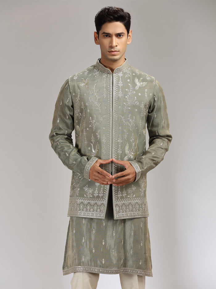 Dark Grey Tissue Silk Embroidered Bandi Kurta Set