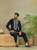 Navy Silk Embroidered Kurta with Plazzo Pant - KORANM