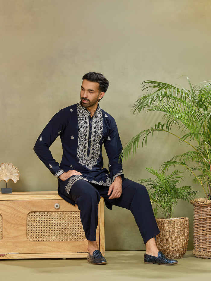 Navy Silk Embroidered Kurta with Plazzo Pant - KORANM