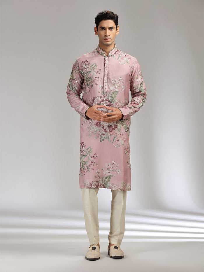 Onion Tussar Silk Embroidered Kurta Set - KORANM