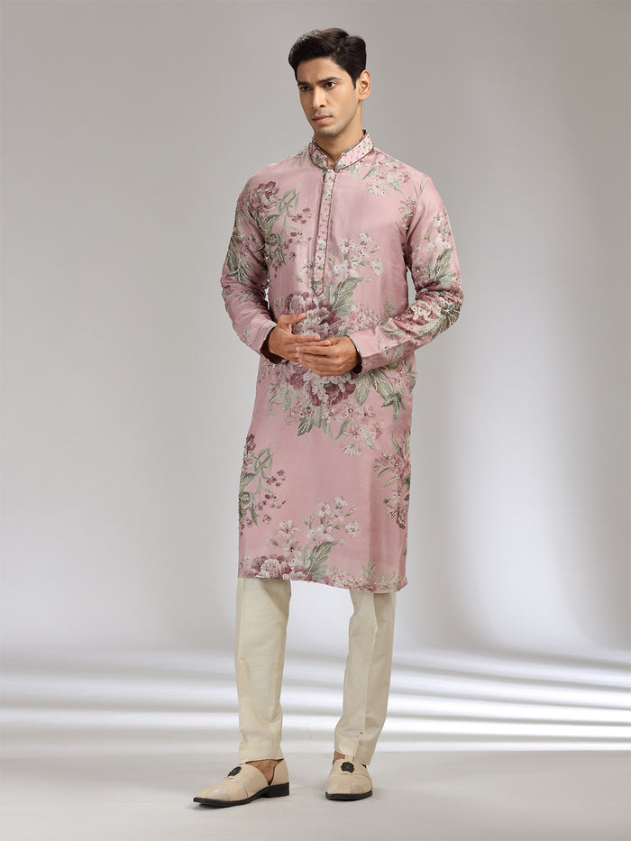 Onion Tussar Silk Embroidered Kurta Set - KORANM
