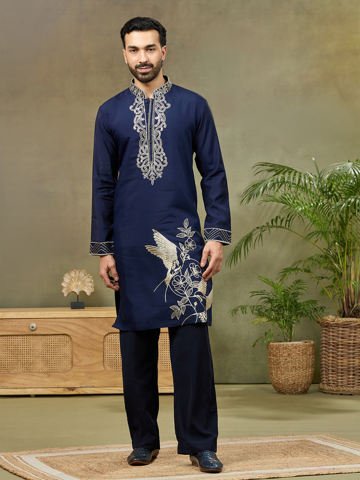 Navy Embroidered Kurta with Aligarhi Pant