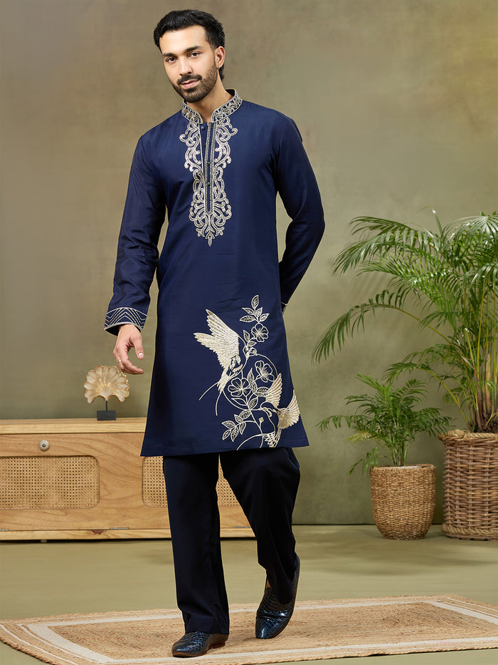 Navy Embroidered Kurta with Aligarhi Pant