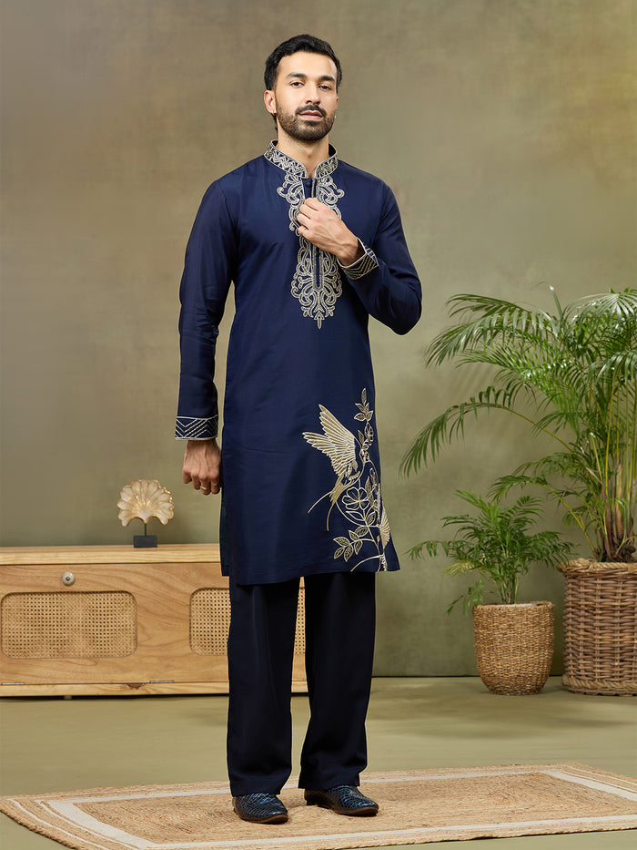 Navy Embroidered Kurta with Aligarhi Pant