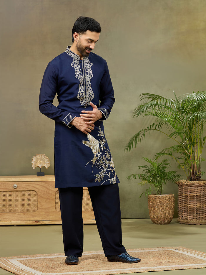 Navy Embroidered Kurta with Aligarhi Pant