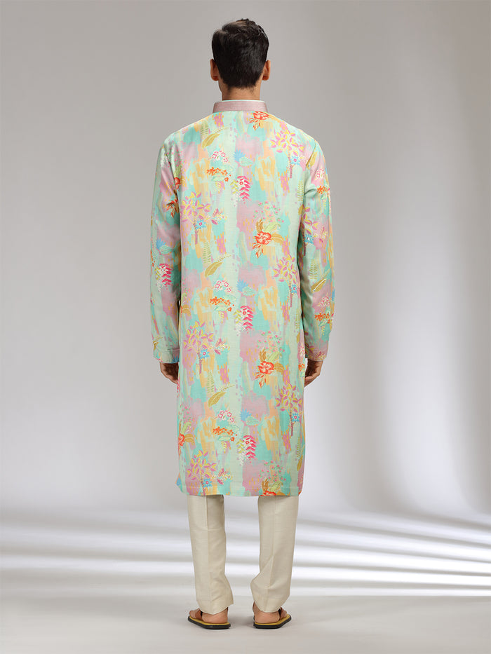 Aqua Lilac Satin Linen Embroidered Kurta Set - KORANM