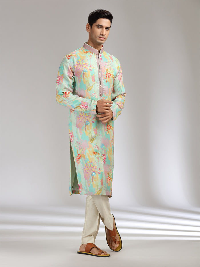 Aqua Lilac Satin Linen Embroidered Kurta Set - KORANM
