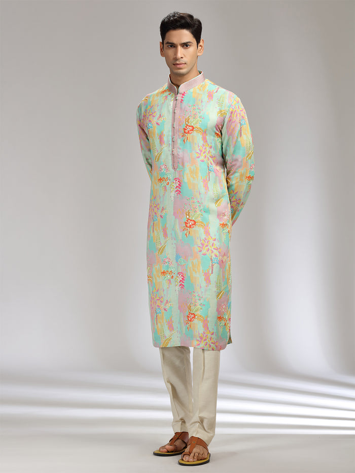Aqua Lilac Satin Linen Embroidered Kurta Set - KORANM
