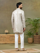 Silver Silk Mirror Work Short Kurta Set with White Plazzo Pant - KORANM