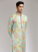 Aqua Lilac Satin Silk Embroidered Kurta Set