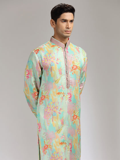 Aqua Lilac Satin Linen Embroidered Kurta Set
