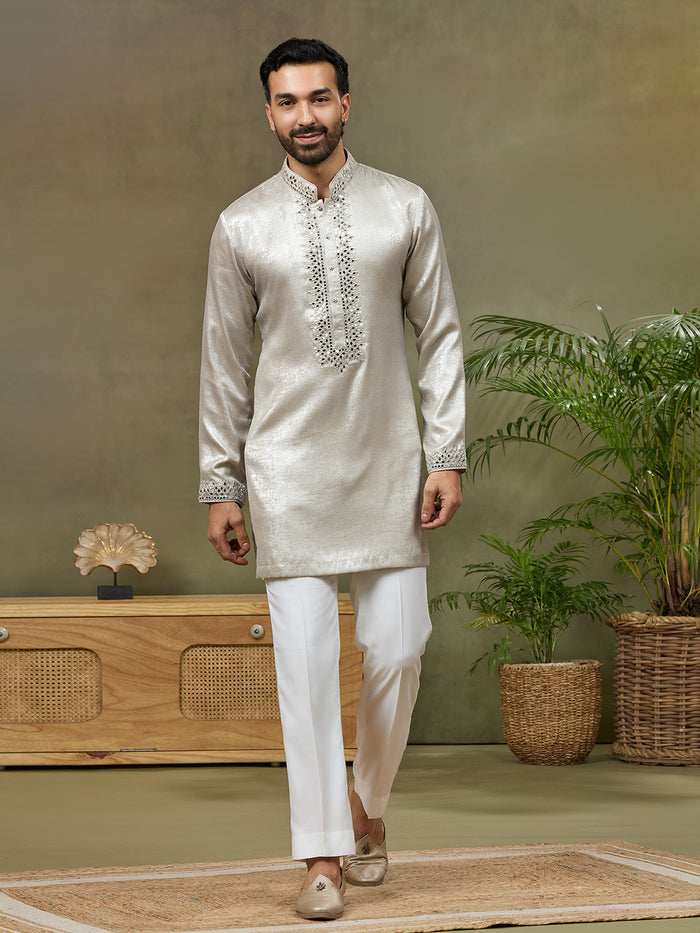 Silver Silk Mirror Work Short Kurta Set with White Plazzo Pant - KORANM