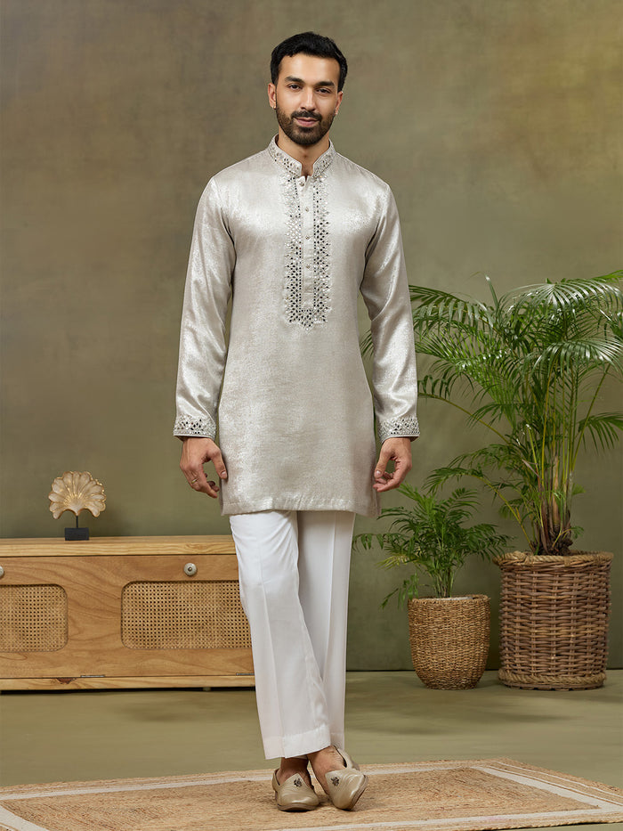 Silver Silk Mirror Work Short Kurta Set with White Plazzo Pant - KORANM