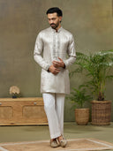 Silver Silk Mirror Work Short Kurta Set with White Plazzo Pant - KORANM