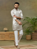 Silver Silk Mirror Work Short Kurta Set with White Plazzo Pant - KORANM