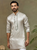 Silver Silk Mirror Work Short Kurta Set with White Plazzo Pant - KORANM