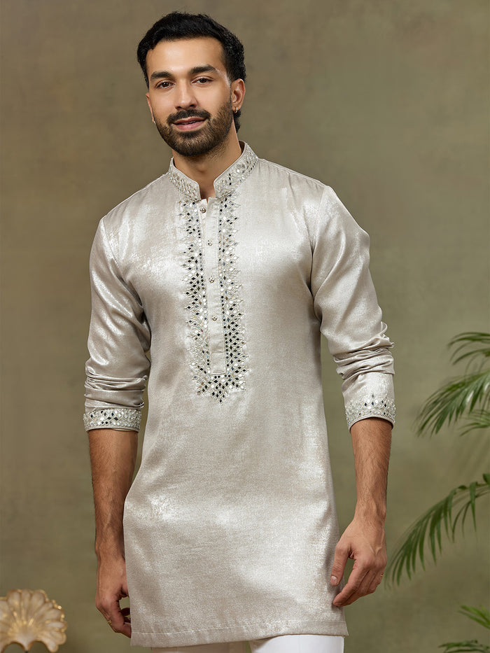 Silver Silk Mirror Work Short Kurta Set with White Plazzo Pant - KORANM