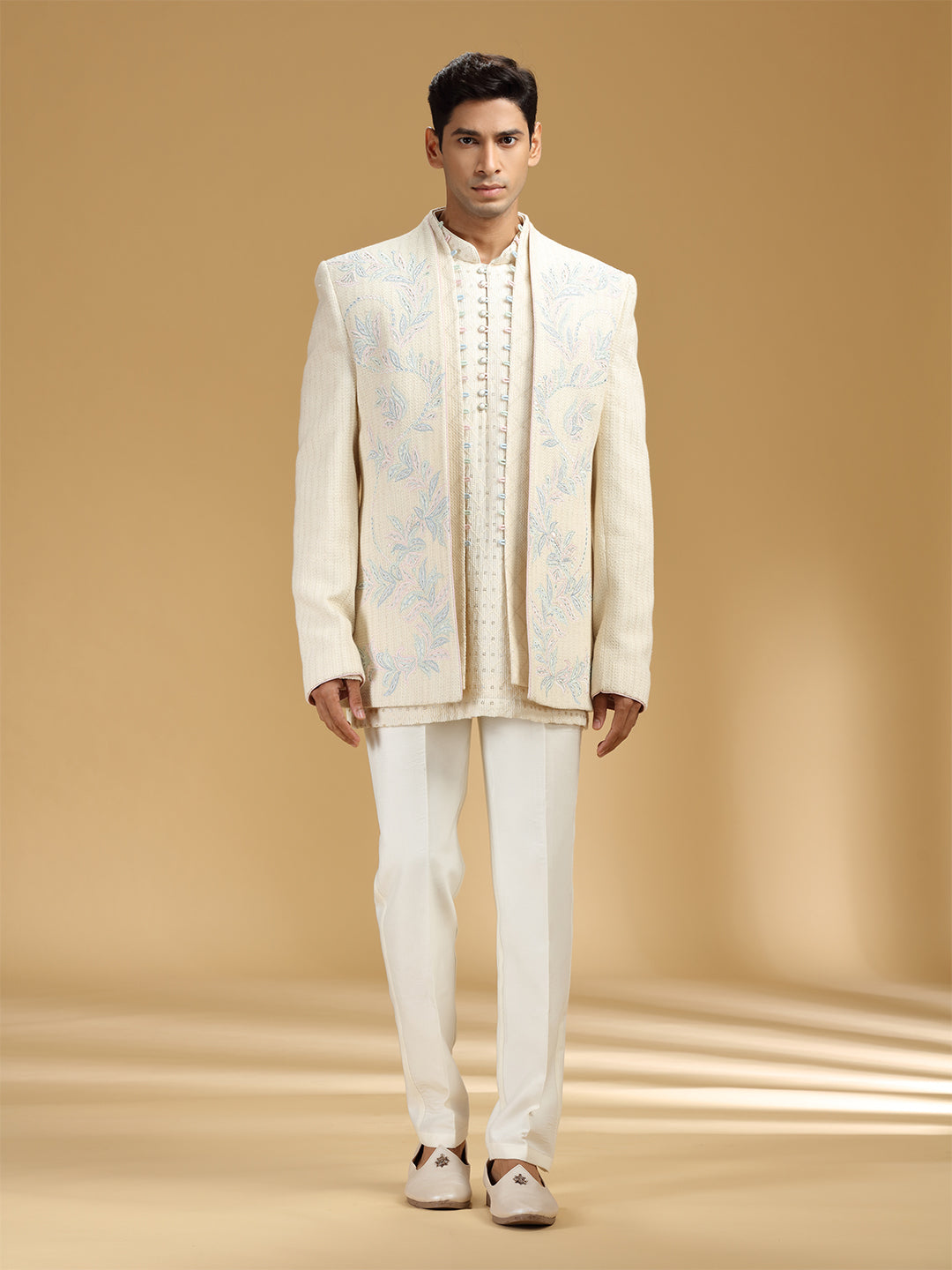 Cream Lucknow Silk Embroidered Indo-Western Set - KORANM