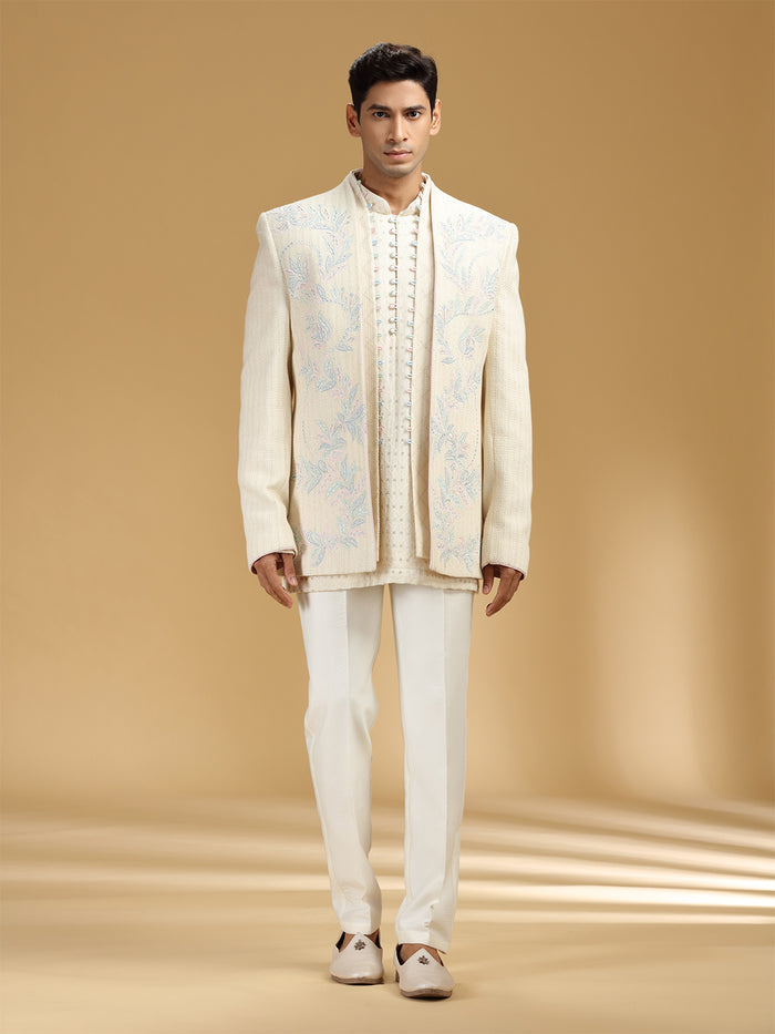 Cream Lucknow Silk Embroidered Indo-Western Set
