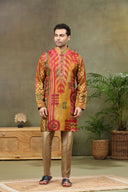 Olive Silk Printed Kurta with Highlight Embroidery and Aligarhi Pants