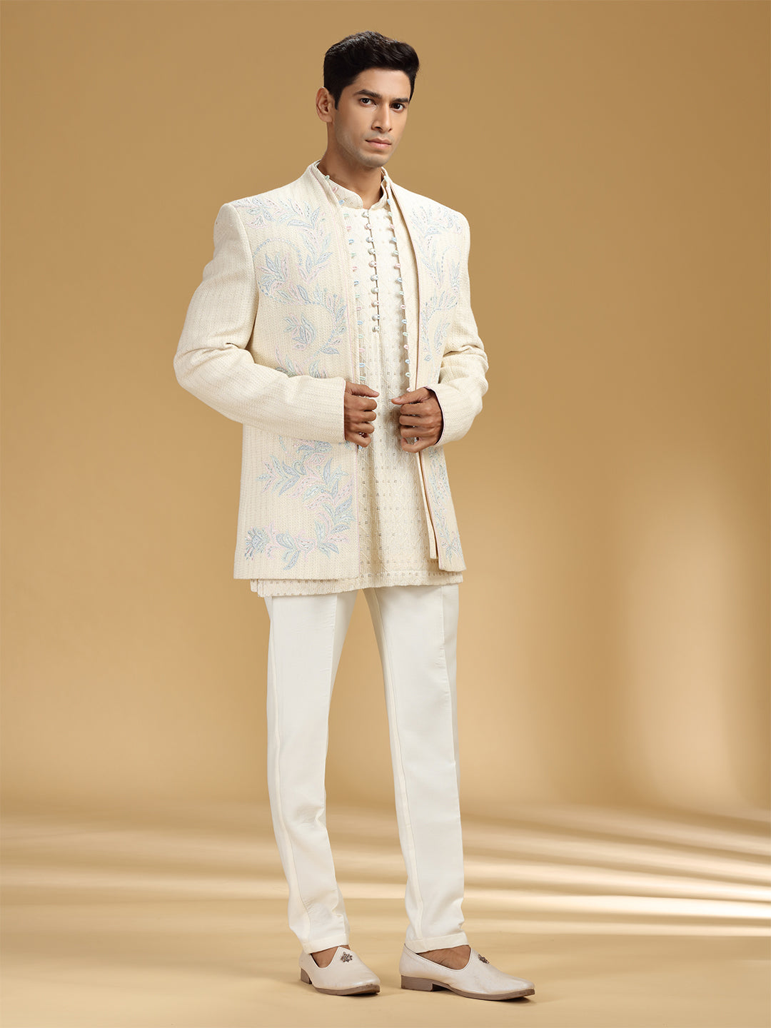Cream Lucknow Silk Embroidered Indo-Western Set - KORANM