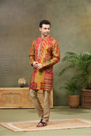 Olive Silk Printed Kurta with Highlight Embroidery and Aligarhi Pants
