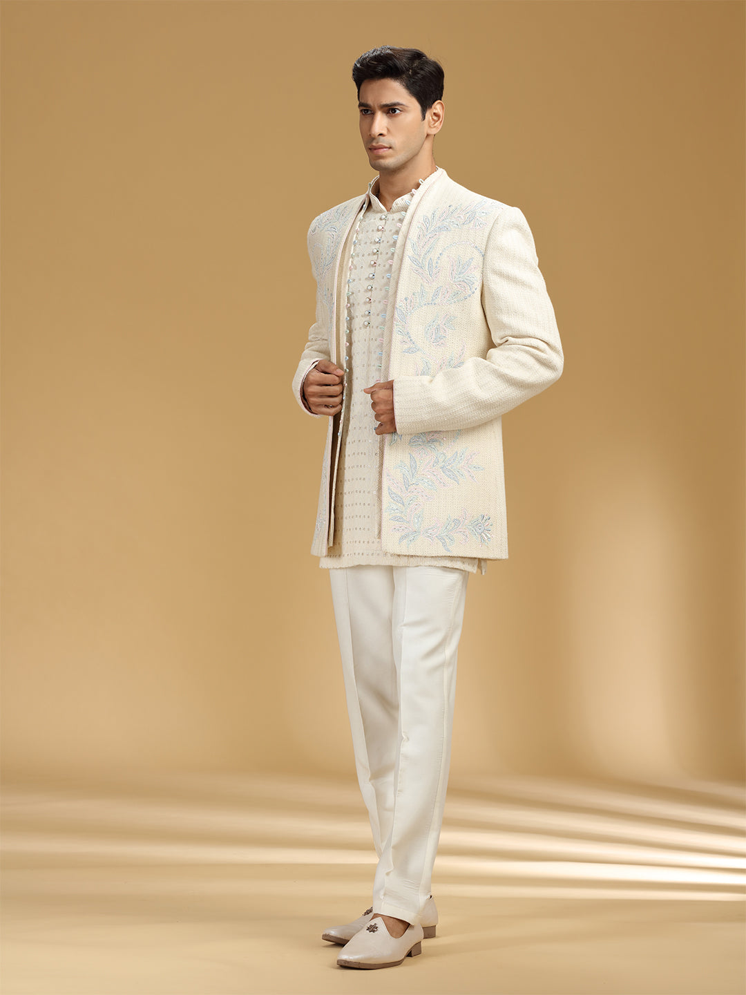 Cream Lucknow Silk Embroidered Indo-Western Set - KORANM