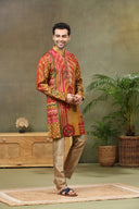 Olive Silk Printed Kurta with Highlight Embroidery and Aligarhi Pants
