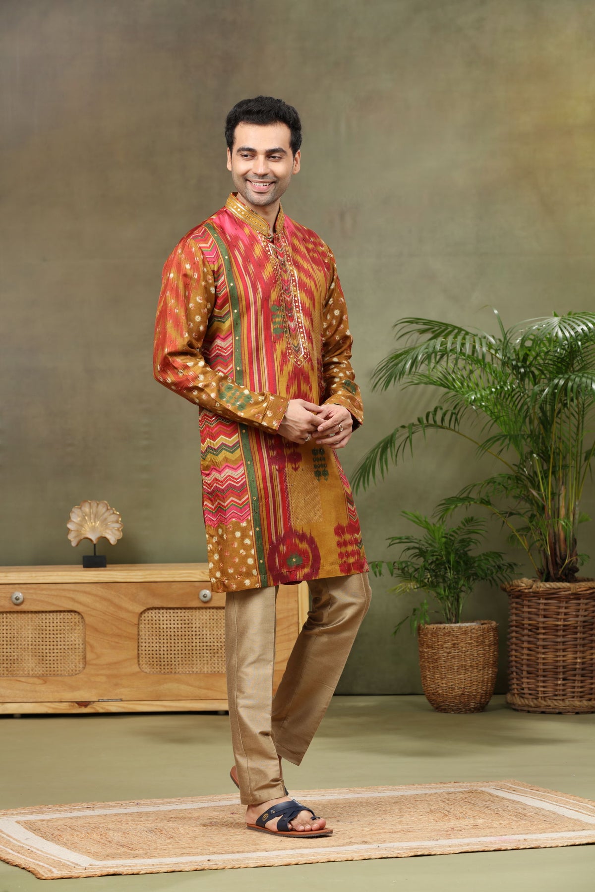Olive Silk Printed Kurta with Highlight Embroidery and Aligarhi Pants - KORANM