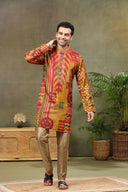 Olive Silk Printed Kurta with Highlight Embroidery and Aligarhi Pants