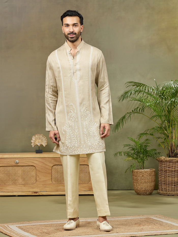 Beige Rose Silk Resham Embroidered Indo Western Set - KORANM