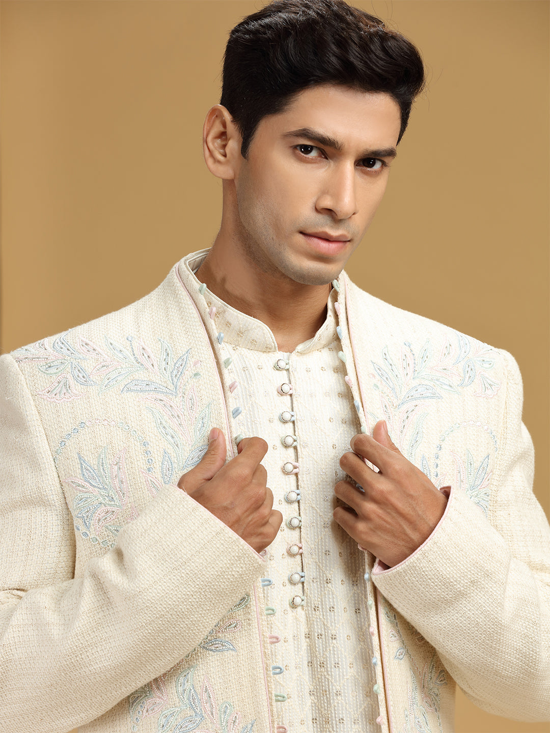Cream Lucknow Silk Embroidered Indo-Western Set - KORANM