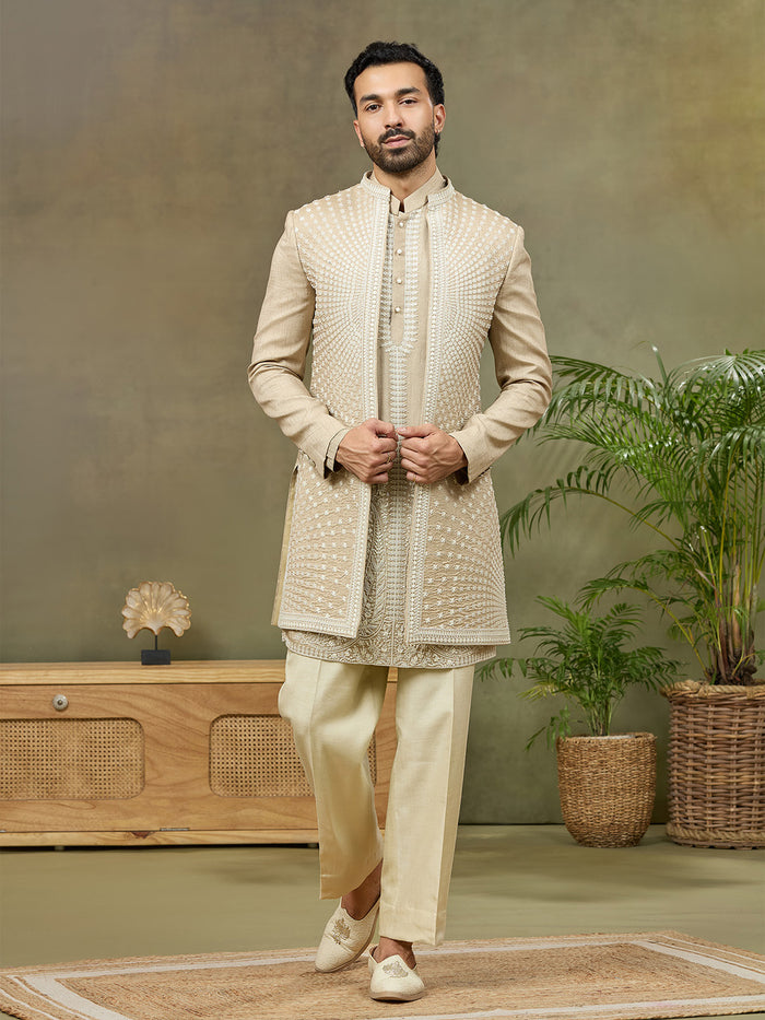 Beige Rose Silk Resham Embroidered Indo Western Set - KORANM