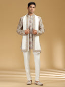 Cream Silk Embroidered Jodhpuri Set with Dupatta