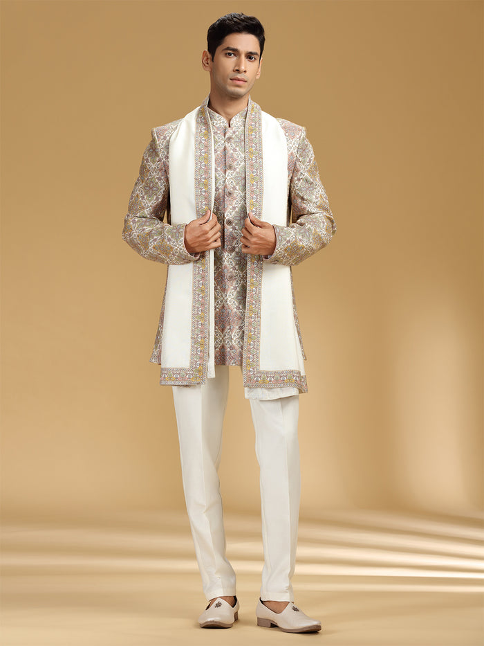 Cream Silk Embroidered Jodhpuri Set with Dupatta