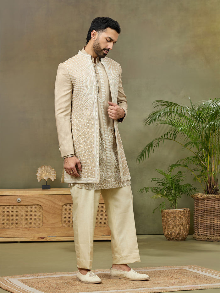 Beige Rose Silk Resham Embroidered Indo Western Set - KORANM