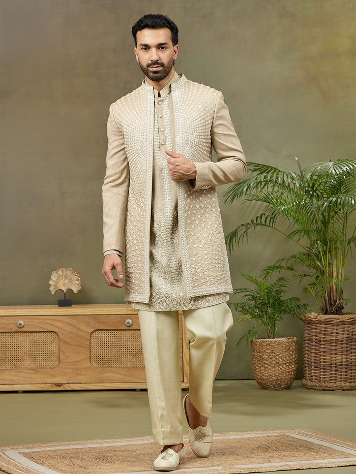 Beige Rose Silk Resham Embroidered Indo Western Set - KORANM