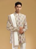 Cream Silk Embroidered Jodhpuri Set with Dupatta