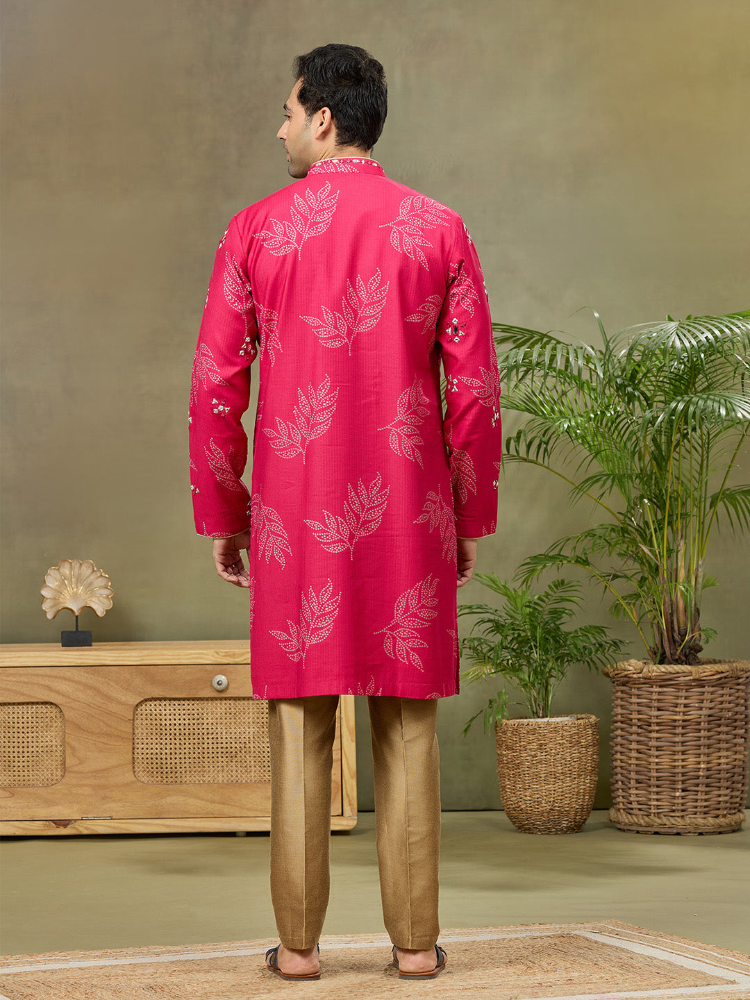 Pink Silk Printed Kurta with Highlight Embroidery and Aligarhi Pant - KORANM