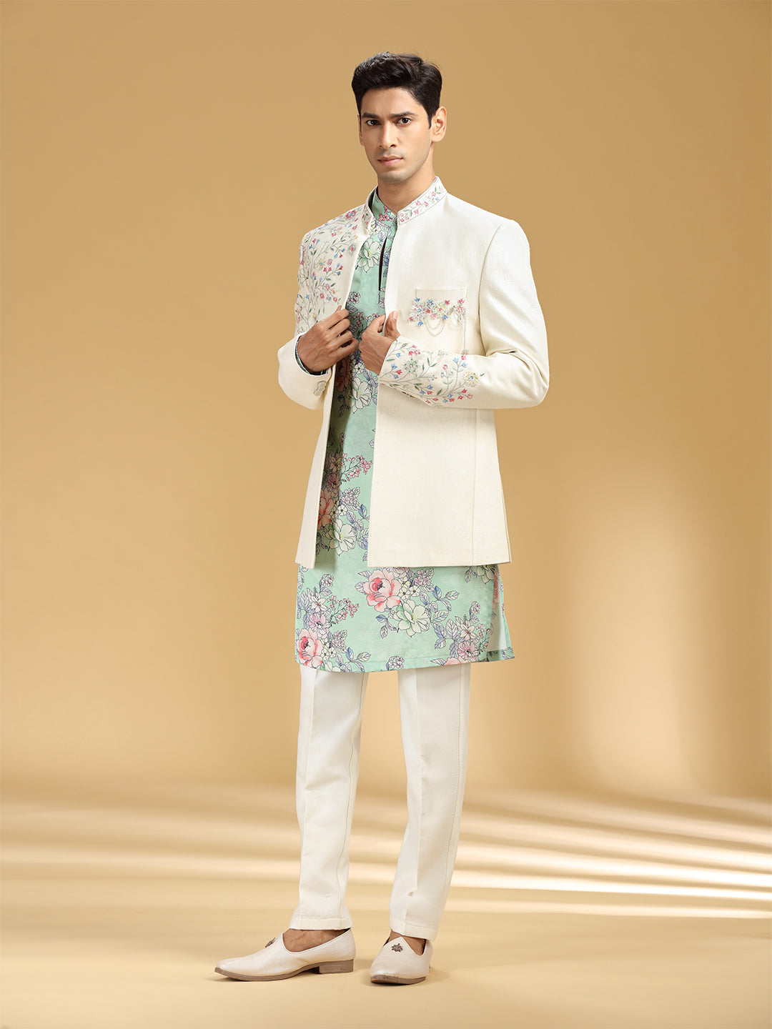 Cream Khadi Silk Embroidered Jodhpuri Set - KORANM