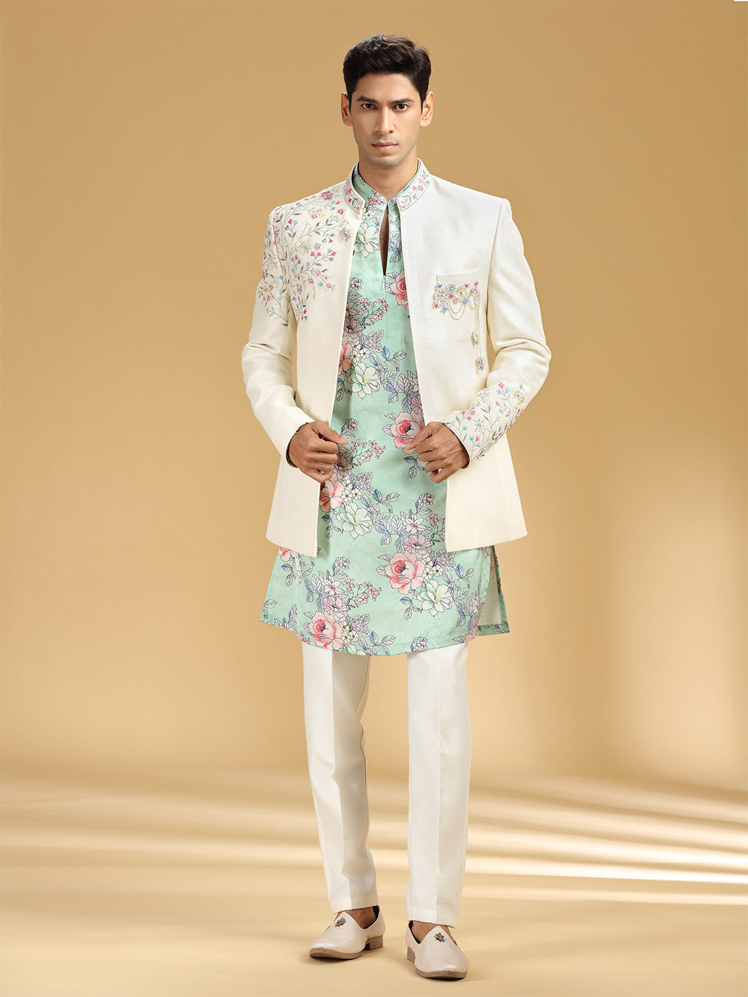 Cream Khadi Silk Embroidered Jodhpuri Set - KORANM